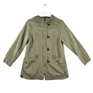 Zara Girls 13/14 Olive Green Hooded Utility Jacket Button Zip Front Cargo Coat
